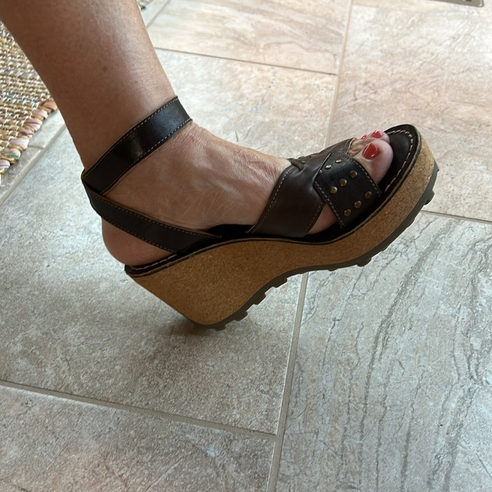 Fly London Brown Leather Wedge Sandals with Cork Platform - Picture 3 of 11